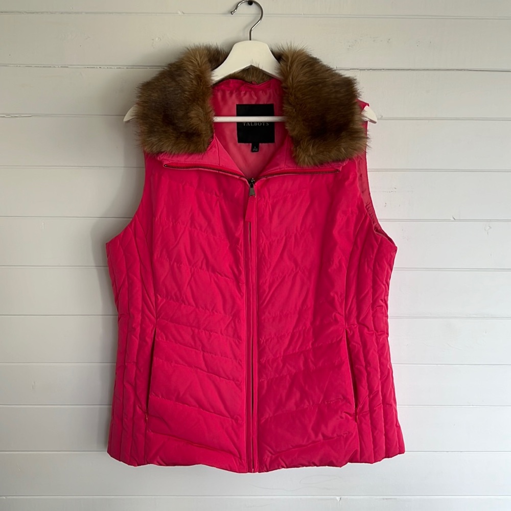 Talbots quilted vest - pink with brown faux fur collar.